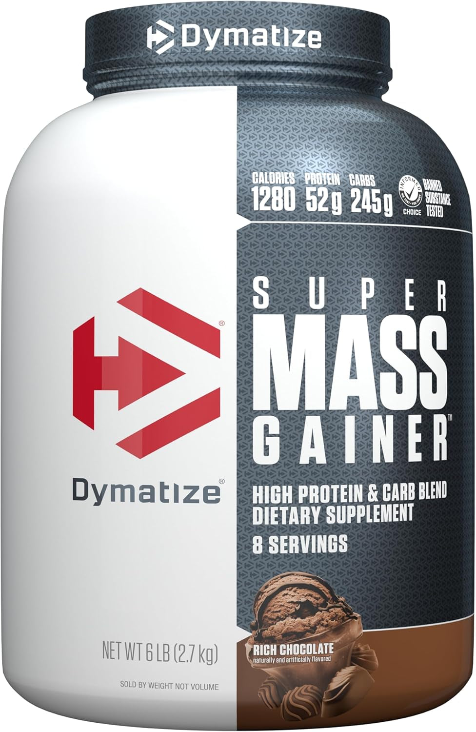 Super Mass Gainer Protein Powder, Rich Chocolate, 52G Protein, 1G Creatine, 1280 Calories, 10.7G Bcaas, 245G Carbs, Contains Whey Protein Powder, Isolate, and Casein (8 Servings)