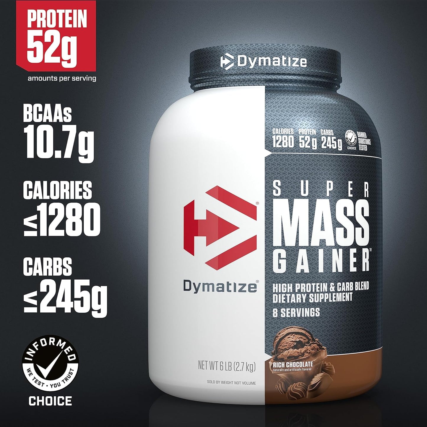Super Mass Gainer Protein Powder, Rich Chocolate, 52G Protein, 1G Creatine, 1280 Calories, 10.7G Bcaas, 245G Carbs, Contains Whey Protein Powder, Isolate, and Casein (8 Servings)