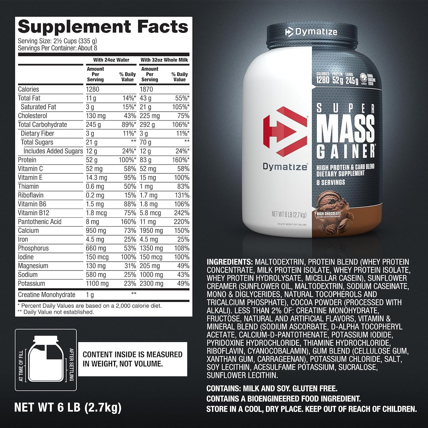 Super Mass Gainer Protein Powder, Rich Chocolate, 52G Protein, 1G Creatine, 1280 Calories, 10.7G Bcaas, 245G Carbs, Contains Whey Protein Powder, Isolate, and Casein (8 Servings)