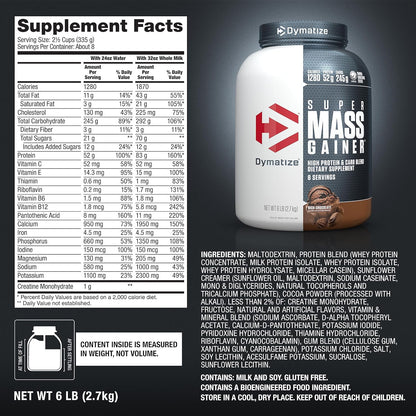 Super Mass Gainer Protein Powder, Rich Chocolate, 52G Protein, 1G Creatine, 1280 Calories, 10.7G Bcaas, 245G Carbs, Contains Whey Protein Powder, Isolate, and Casein (8 Servings)