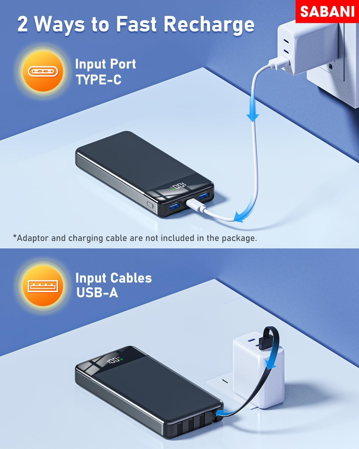 Portable Charger 35000Mah Power Bank - Powerbank with 4 Built in Cables